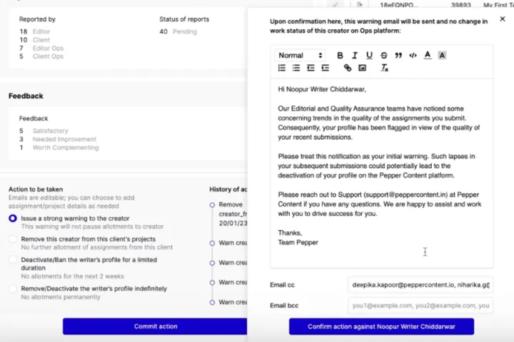 Pepper Content's Comprehensive Feedback & Grievance Resolution app on Retool